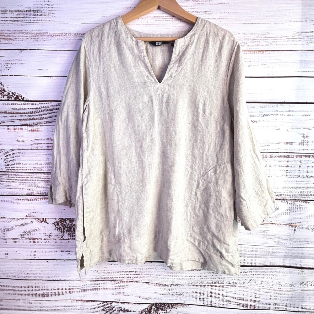100% Linen Tunic Lands' End M Oatmeal Beige Top Boxy Pockets Lagenlook Boho Mori